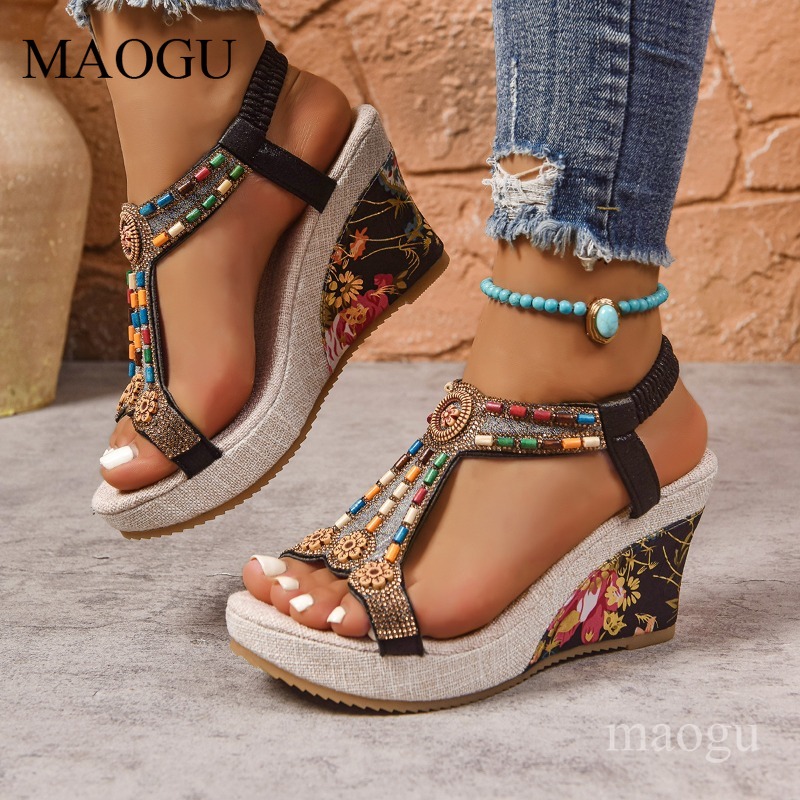 Ethnic Fashion Women - Sandalias de Plataforma con Cuentas y